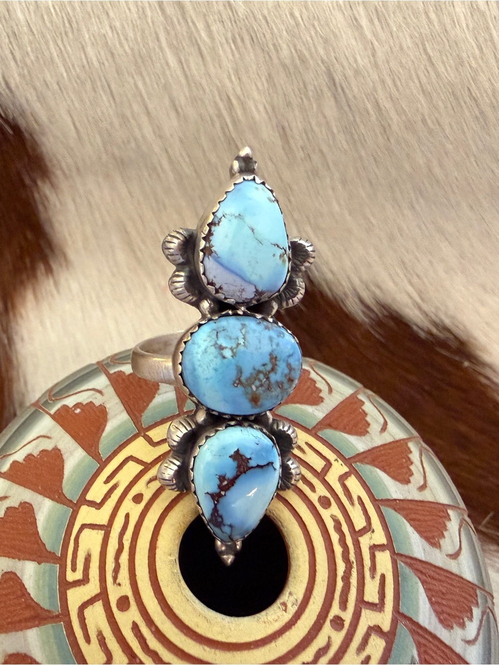 ❤️ Golden Hills 3 Stone Turquoise Sterling Silver Navajo Style Ring Adjustable - Picture 16 of 16